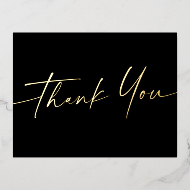 Elegant script real foil thank you black postcard (Front)