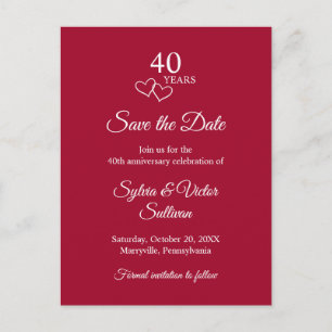 Elegant Script Red 40th Wedding Anniversary Announcement Postcard
