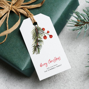  Elegant Script Red Berries Christmas Gift Tags