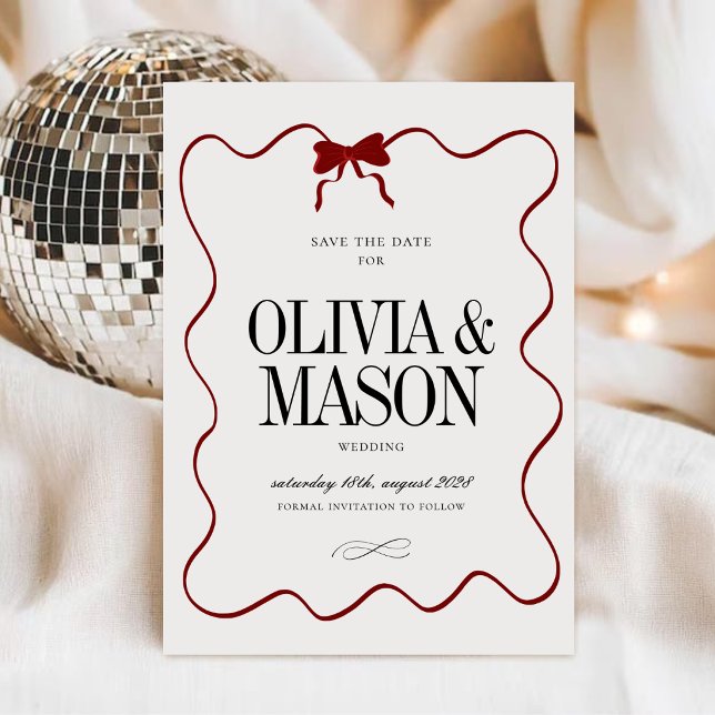 Elegant Script | Red Bow Burgundy Ivory Wedding  Save The Date (Creator Uploaded)