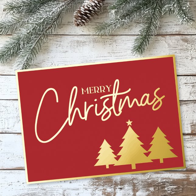 Elegant Script Red Gold Merry Christmas Trees (Elegant Script Red Gold Merry Christmas Trees Foil Holiday Card)
