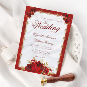 Elegant Script Red Gold Roses Floral Wedding Invitation