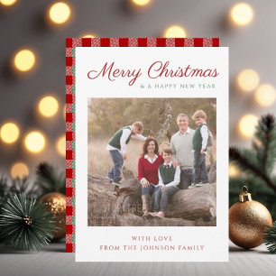 Elegant Script Red Green Plaid Christmas Photo Holiday Card