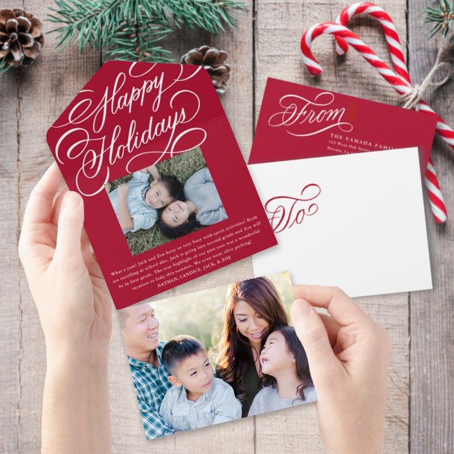 Elegant Script Red Happy Holiday Photo Card (Creator Uploaded)