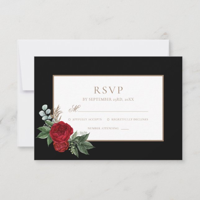 Elegant Script Red Peonies Black & Gold RSVP (Front)