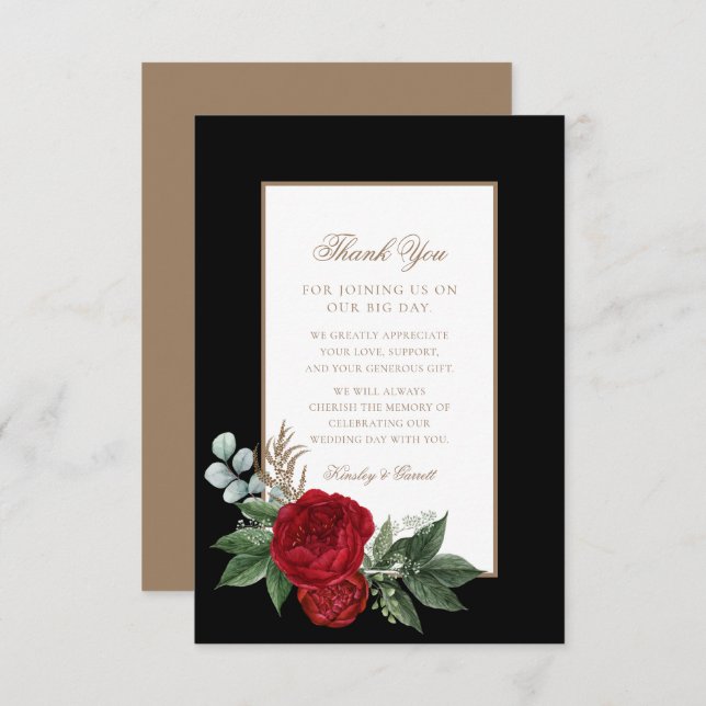 Elegant Script Red Peonies Black & Gold Wedding Thank You Card (Front/Back)