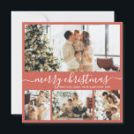 Elegant Script Red Photo Collage Christmas Card<br><div class="desc">Elegant Calligraphy Minimalist 4 Photo Collage Merry Christmas Script Holiday Card. This festive, minimalist, whimsical four (4) photo holiday card template features a pretty photo collage and says „Merry Christmas” on light salmon terracotta or pastel red background. The „Merry Christmas” greeting text is written in a beautiful hand lettered swirly...</div>