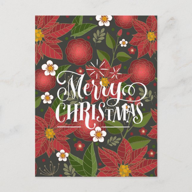 Elegant Script Red Poinsettia Floral Chic Business Holiday Postcard (Front)