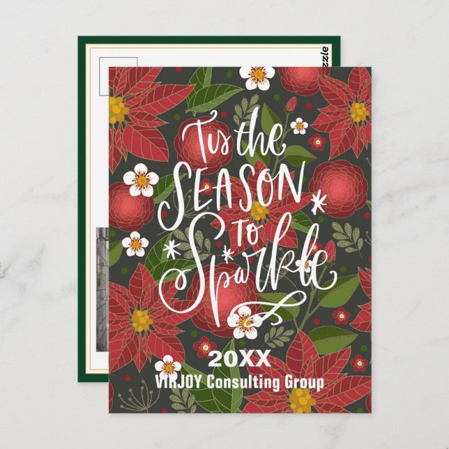Elegant Script Red Poinsettia Green Photo Business Postcard (Front/Back)
