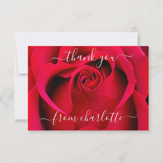 Elegant Script Red Rose Floral Thank You Card (Front)