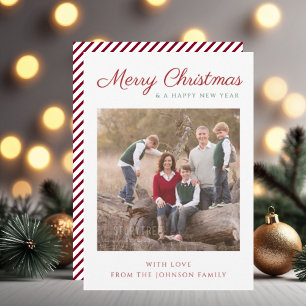 Elegant Script Red Stripes Christmas Photo Holiday Card