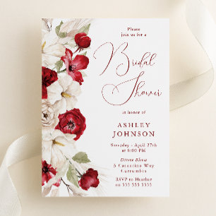 Elegant Script Red & White Floral Bridal Shower Invitation