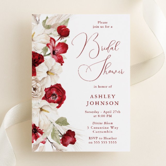 Elegant Script Red & White Floral Bridal Shower Invitation (Creator Uploaded)