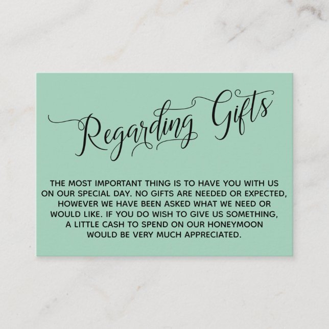 Elegant Script Regarding Wedding Gifts Light Green Enclosure Card (Front)