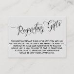 Elegant Script Regarding Wedding Gifts Light Grey Enclosure Card<br><div class="desc">These elegant insert cards were designed to match other items in a growing event suite that features an elaborate swirling script over a solid background you can change to any colour you like. On the front side you read "Regarding Gifts" in the script; on the back I've placed a beautifully-rendered...</div>