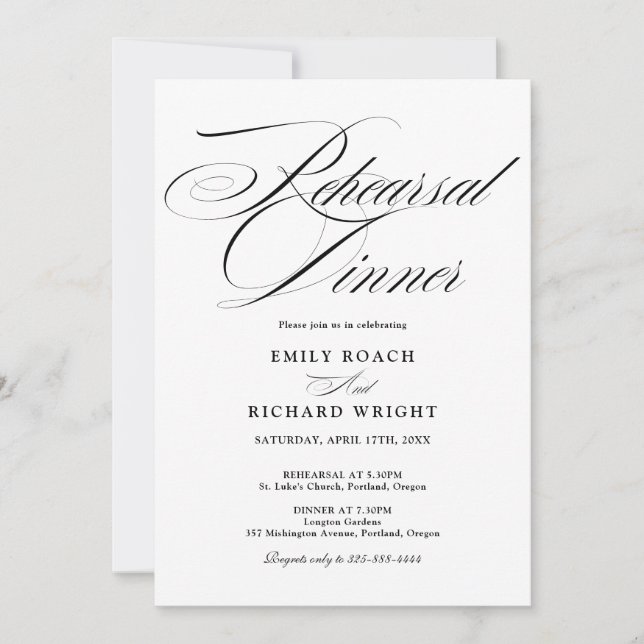 Elegant Script Rehearsal Dinner Black And White Invitation (Front)