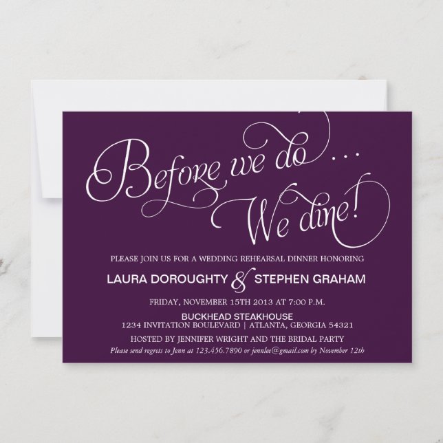 Elegant Script Rehearsal Dinner Invitation Purple (Front)
