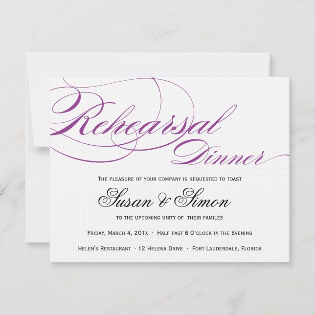Elegant Script Rehearsal Dinner Invitation Purple (Front)