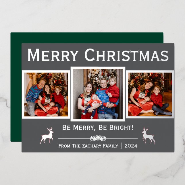 Elegant Script Reindeer Christmas Family 3 Photo (Front/Back)