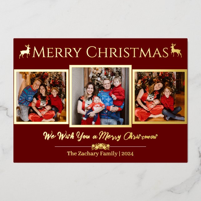 Elegant Script Reindeer Christmas Family 3 Photo (Front)