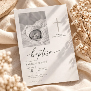 Elegant Script Religious Boy Baptism Photo Invitation