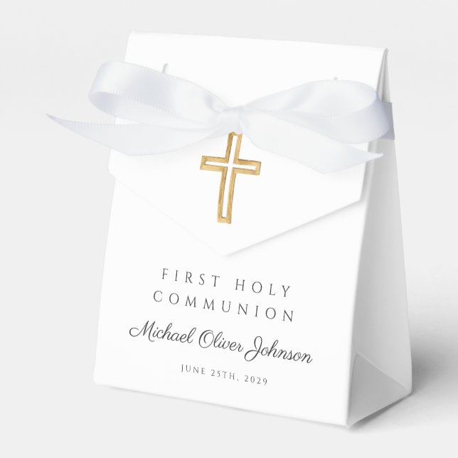 Elegant Script Religious Cross First Communion Favour Box (Front Side)