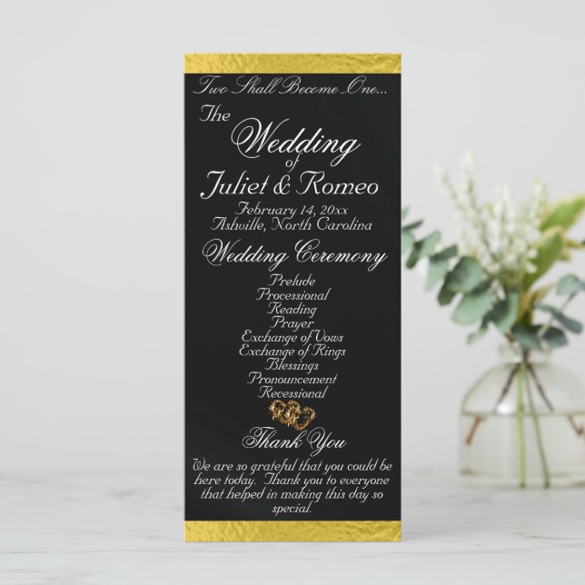 Elegant Script & Ribbon - Black/Gold Wedding Programme (Standing Front)