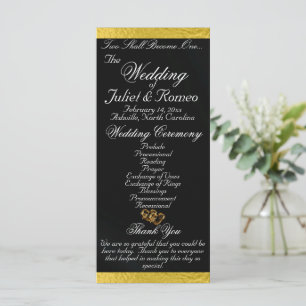 Elegant Script & Ribbon - Black/Gold Wedding Programme