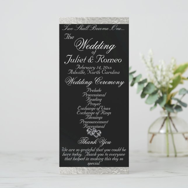 Elegant Script & Ribbon - Black/Silver Wedding Programme (Standing Front)