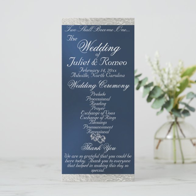 Elegant Script & Ribbon - Blue/Silver Wedding Programme (Standing Front)