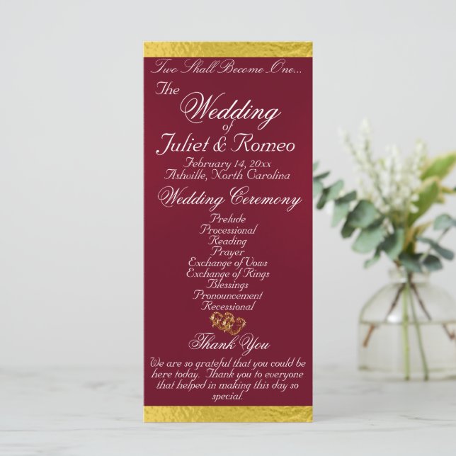 Elegant Script & Ribbon - Burgundy/Gold Wedding Programme (Standing Front)