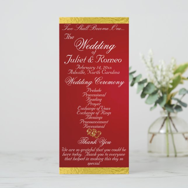 Elegant Script & Ribbon - Crimson/Gold Wedding Programme (Standing Front)