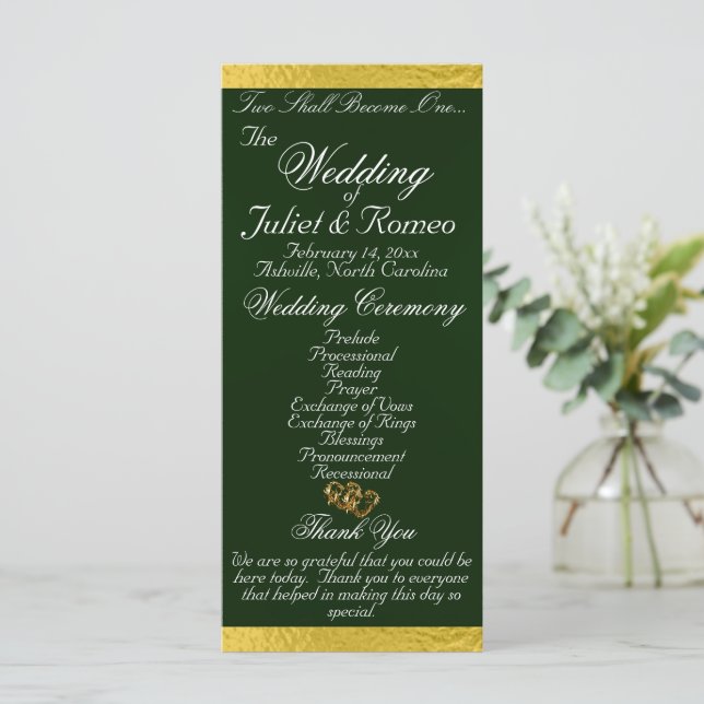 Elegant Script & Ribbon - Emerald/Gold Wedding Programme (Standing Front)