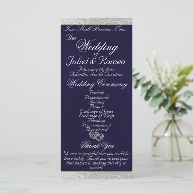 Elegant Script & Ribbon - Navy Blue/Silver Wedding Programme (Standing Front)