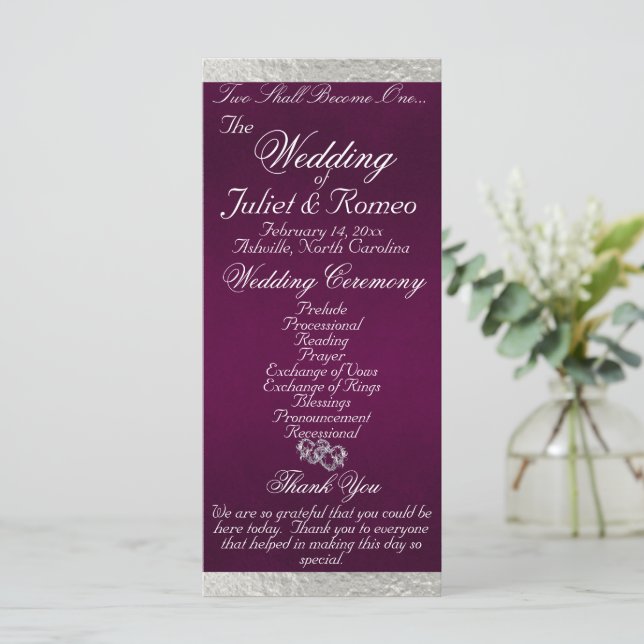 Elegant Script & Ribbon - Purple/Silver Wedding Programme (Standing Front)
