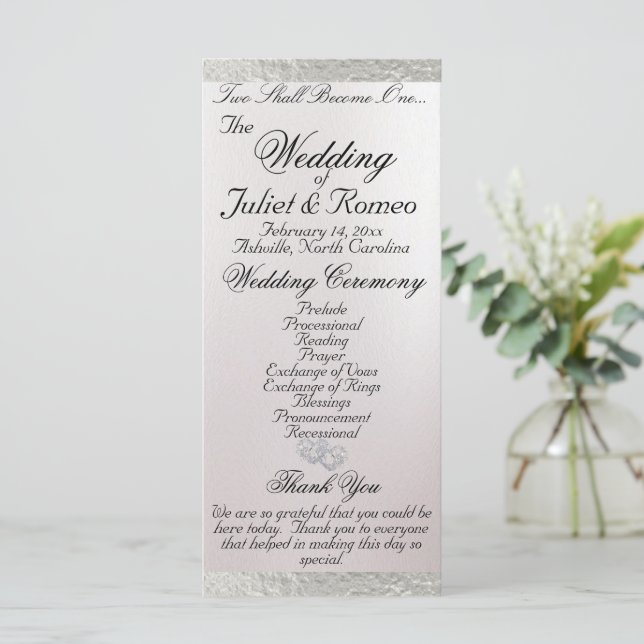 Elegant Script & Ribbon - White/Silver Wedding Programme (Standing Front)