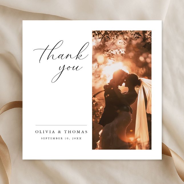 Elegant Script Romantic Photo Wedding Square Thank You Card (Creator Uploaded)
