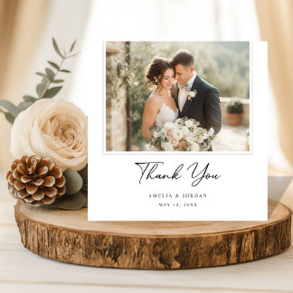 Elegant Script Romantic Rustic Boho Wedding Photo Thank You Card