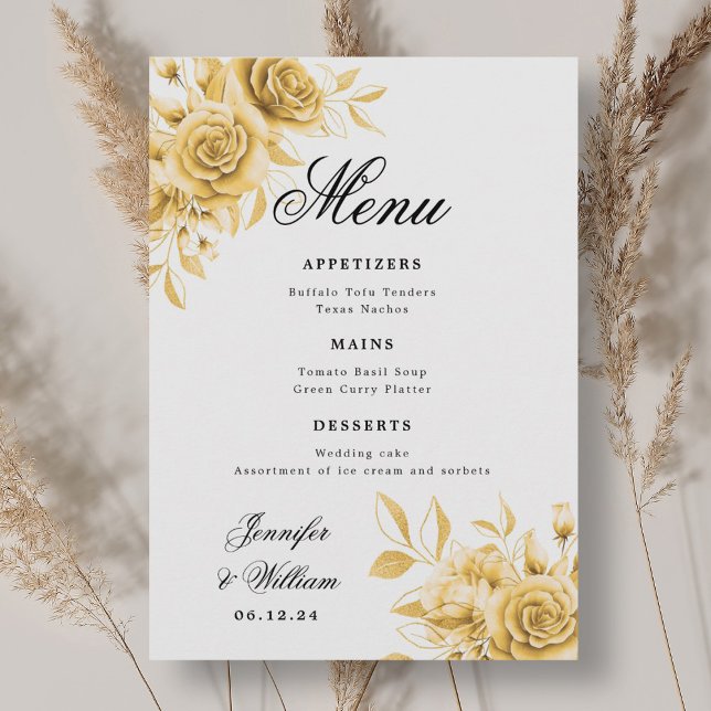 Elegant Script Romantic Wedding Gold Floral  Menu (Elegant Script Romantic Wedding Gold Floral Menu)