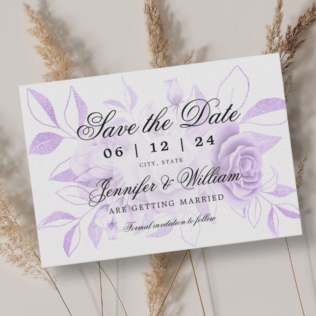 Elegant Script Romantic Wedding Purple Floral  Save The Date (Elegant Script Romantic Wedding Purple Floral Save The Date)