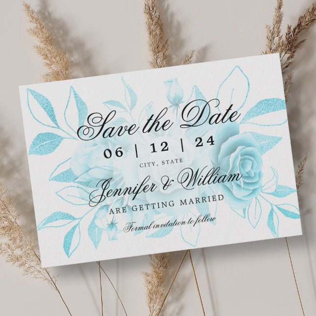 Elegant Script Romantic Wedding Turquoise Floral  Save The Date (Elegant Script Romantic Wedding Turquoise Floral Save The Date)