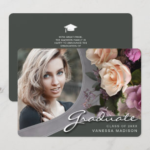 Elegant Script Rose Flowers Modern Photo Grad An Announcement