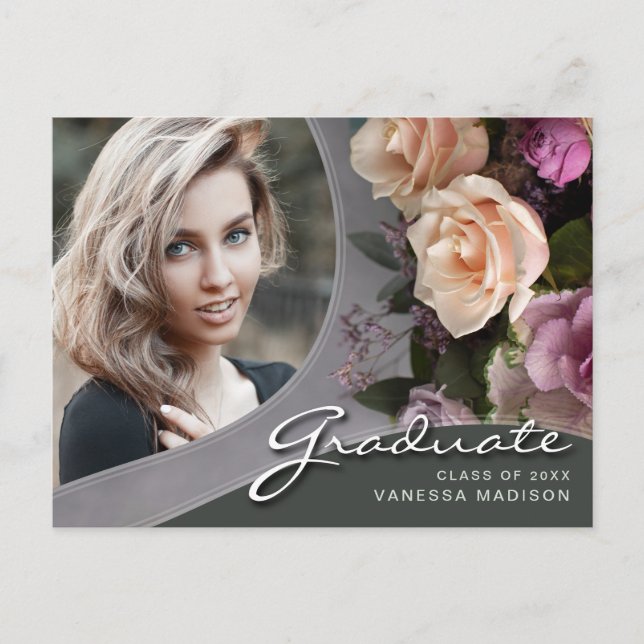 Elegant Script Rose Flowers | Modern Photo Grad Postcard (Front)