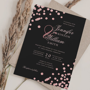 Elegant Script Rose Gold Confetti QR Wedding Black Invitation
