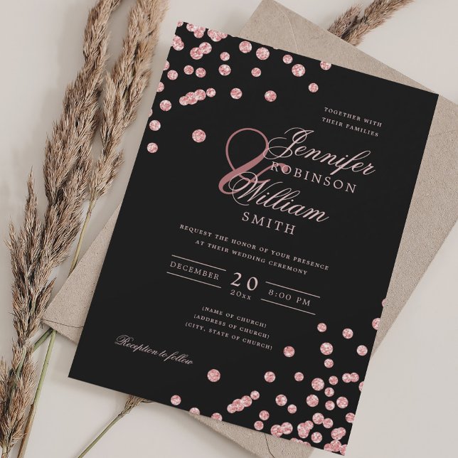 Elegant Script Rose Gold Confetti QR Wedding Black Invitation (Elegant Script Rose Gold Confetti QR Wedding Black Invitation)