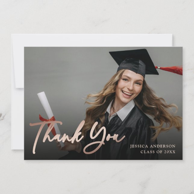 Elegant Script Rose Gold Foil Photo Graduation Thank You Card (Front)