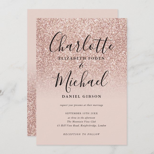 Elegant Script Rose Gold Glitter Wedding Invitation (Front/Back)