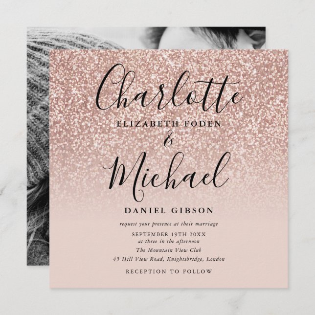 Elegant Script Rose Gold Glitter Wedding Photo Invitation (Front/Back)