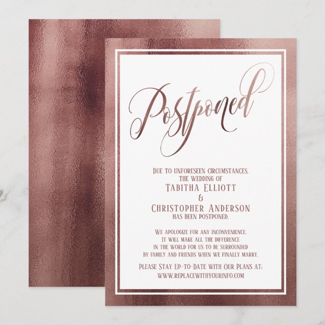 Elegant Script Rose Gold Postponed Wedding Card (Front/Back)