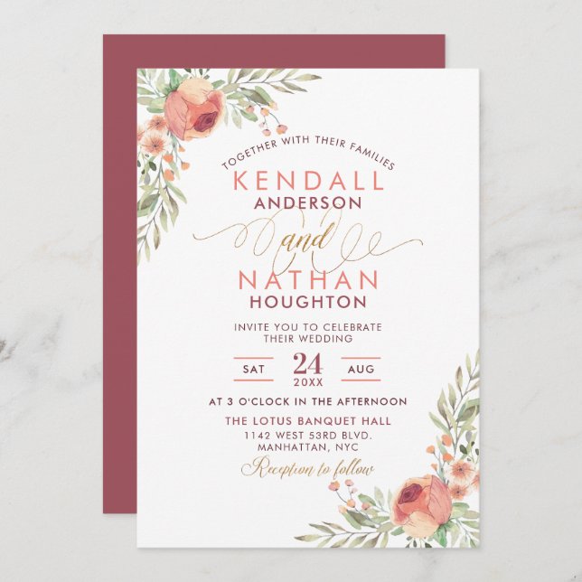 Elegant Script Rose Watercolor Floral Wedding Invitation (Front/Back)
